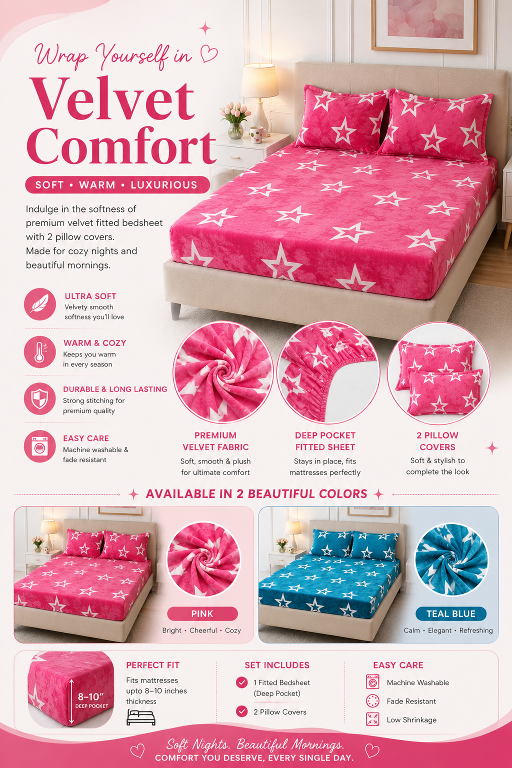 Premium Velvet Fitted Bedsheet with 2 Pillow Covers | Star Print | Double/Queen Size