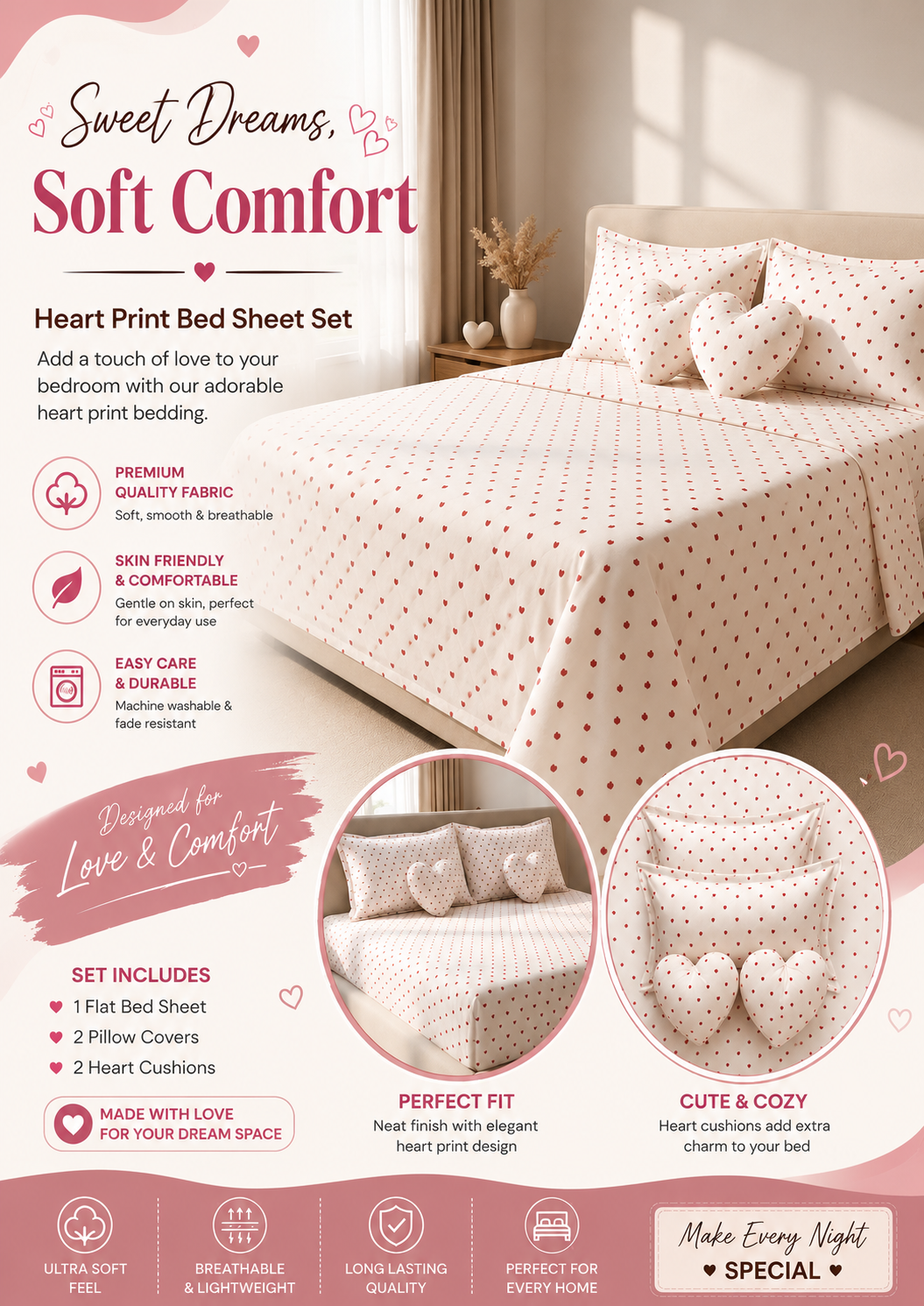 Heart Print Bed Sheet Set with 2 Pillow Covers & 2 Heart Cushions – Soft & Cozy Bedding Set