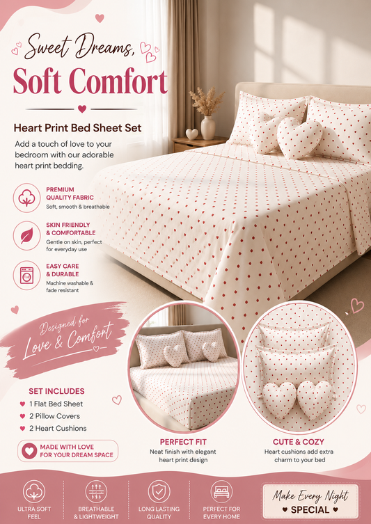 Heart Print Bed Sheet Set with 2 Pillow Covers & 2 Heart Cushions – Soft & Cozy Bedding Set