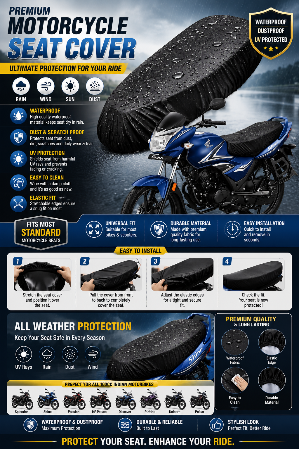 Premium Waterproof Motorcycle Seat Cover – Universal Fit