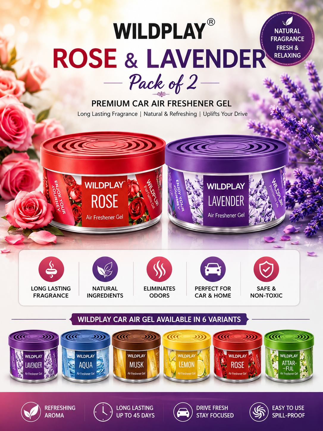 Wildplay Rose & Lavender Car Air Freshener Gel | Pack of 2 | Long Lasting Fragrance