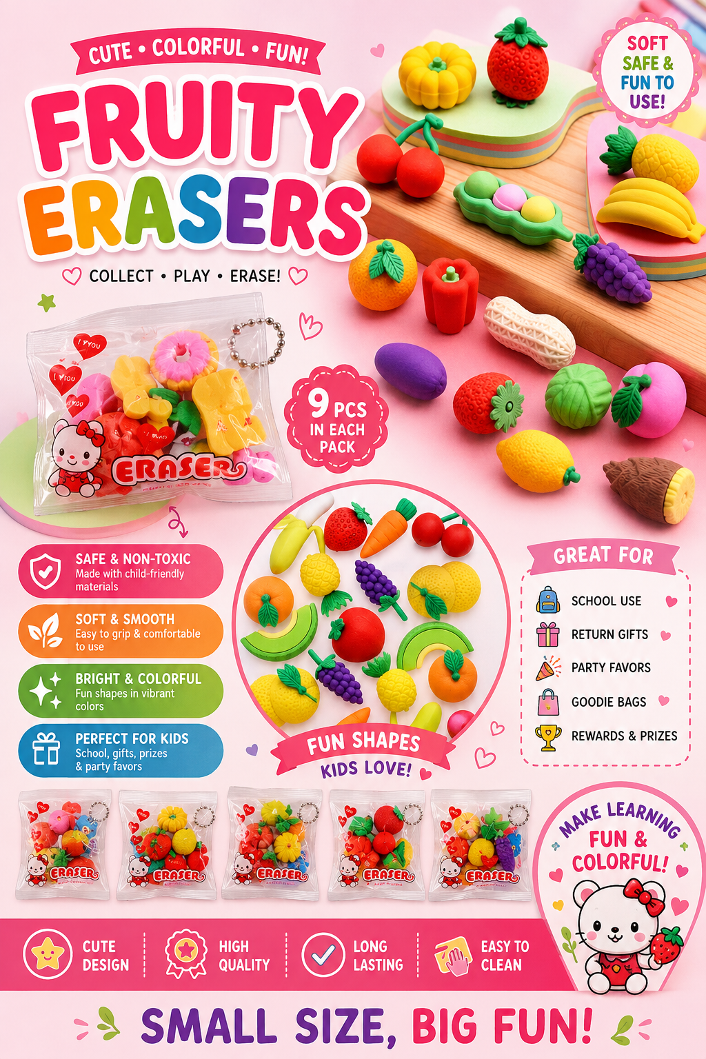Fruity Erasers Set – Cute Colorful Fruit-Shaped Erasers | 9 Pcs