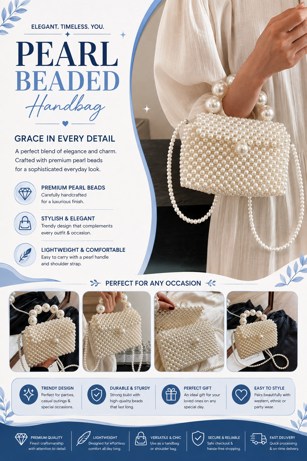Elegant Pearl Beaded Handbag for Women | Stylish Party & Occasion Clutch with Shoulder Strap