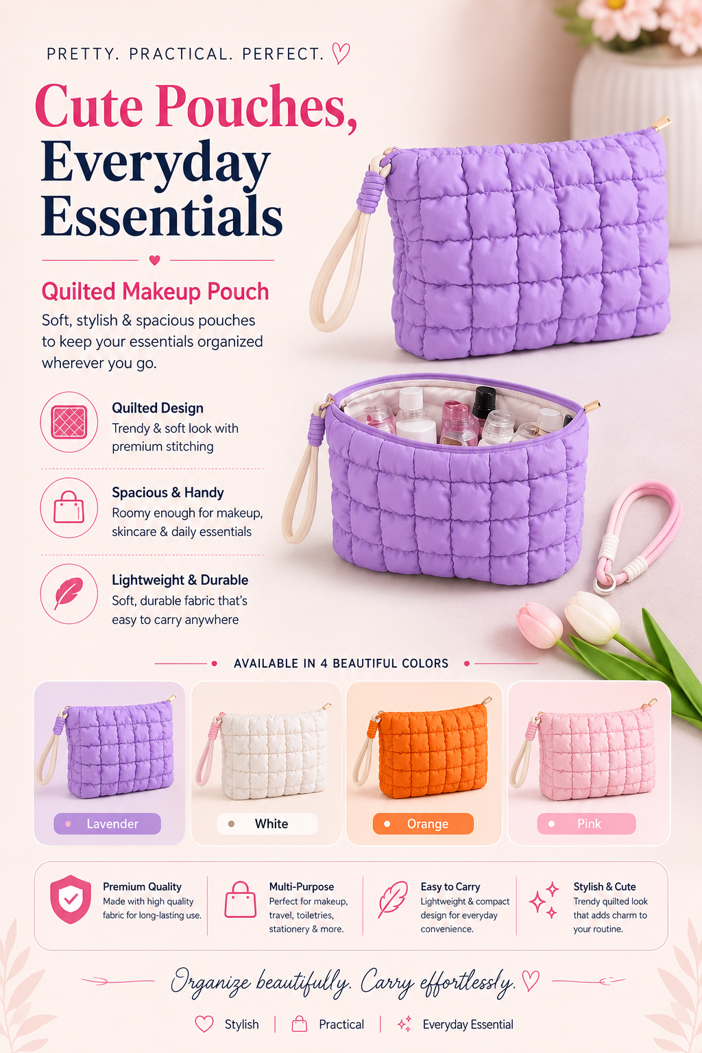 Quilted Makeup Pouch | Stylish Cosmetic & Travel Organizer | Multi-Purpose Storage Bag