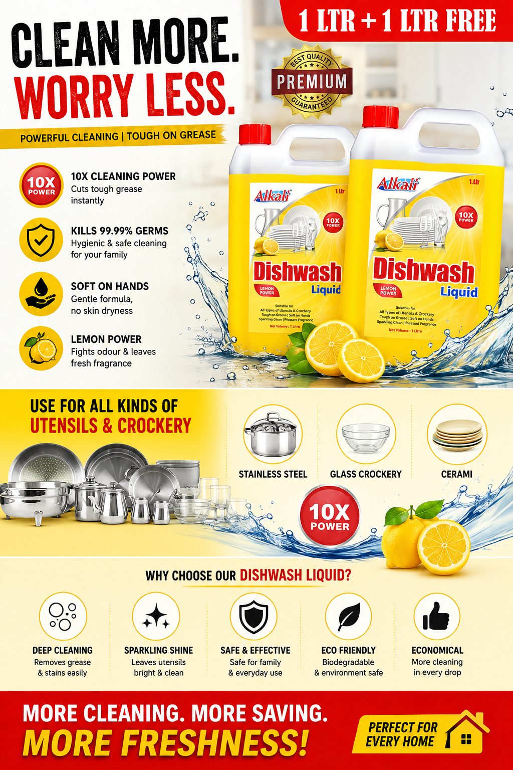 Dishwash Liquid 1L + 1L Free | 10X Cleaning Power | Lemon Fresh | Grease & Stain Remover