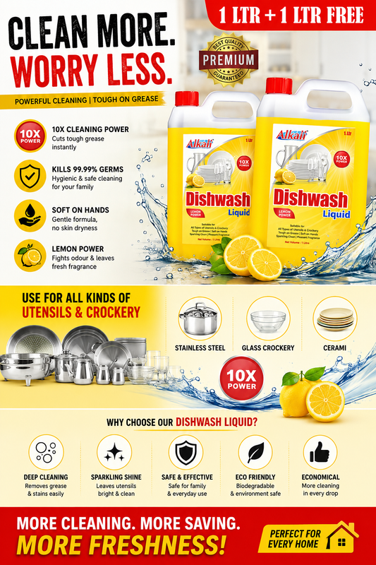 Dishwash Liquid 1L + 1L Free | 10X Cleaning Power | Lemon Fresh | Grease & Stain Remover