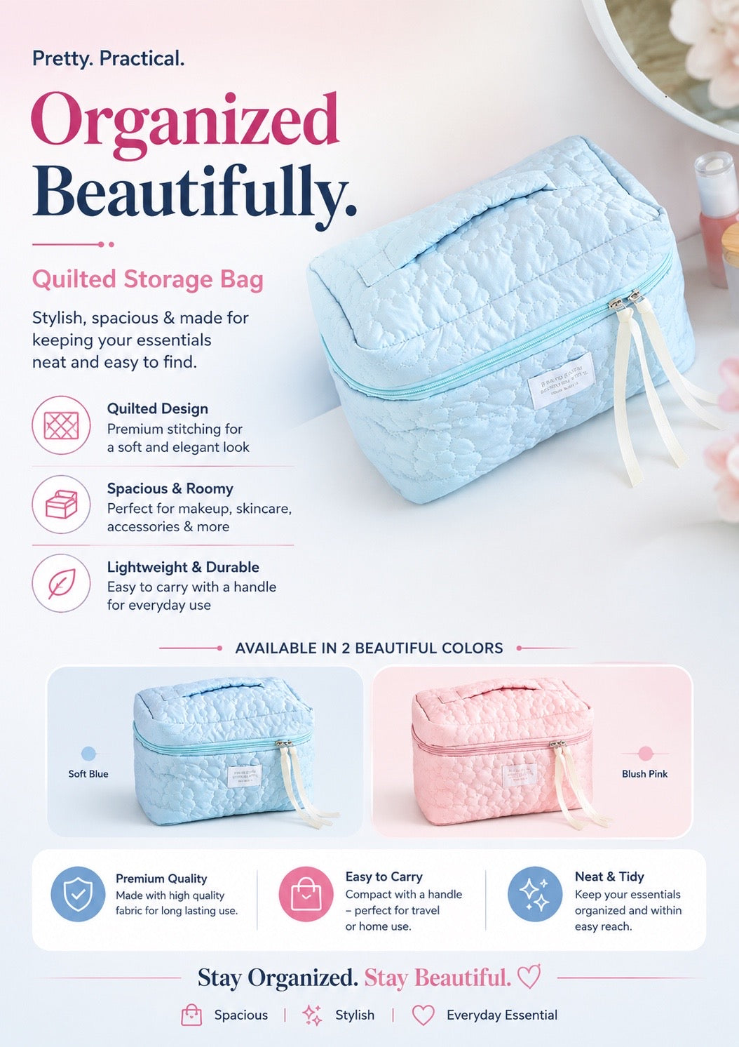 Quilted Storage Bag | Spacious Makeup & Travel Organizer | Stylish Multi-Purpose Storage Bag