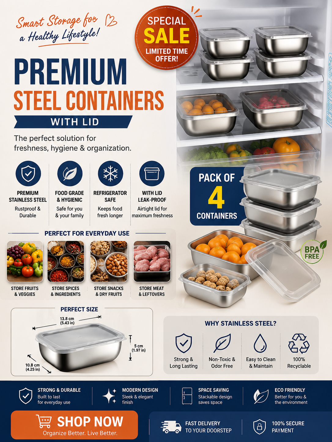 Premium Stainless Steel Food Storage Containers with Lids – Pack of 4