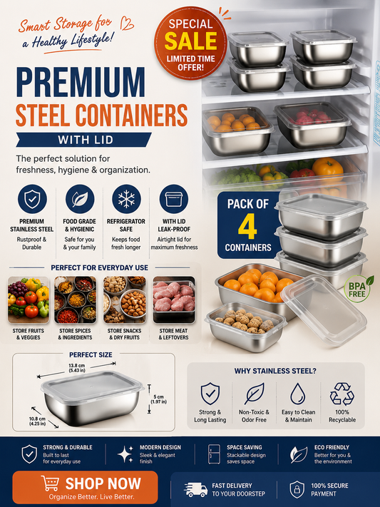 Premium Stainless Steel Food Storage Containers with Lids – Pack of 4