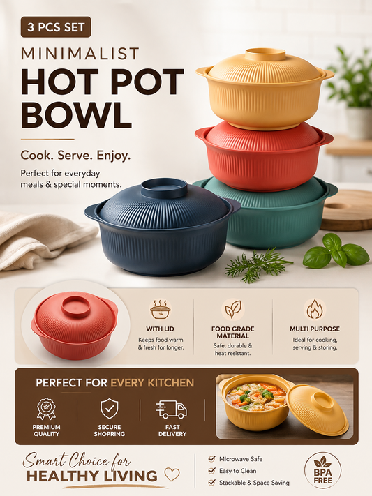 3 Pcs Set Minimalist Hot Pot Bowl with Lid | Food Grade Multi-Purpose Serving & Storage Bowls