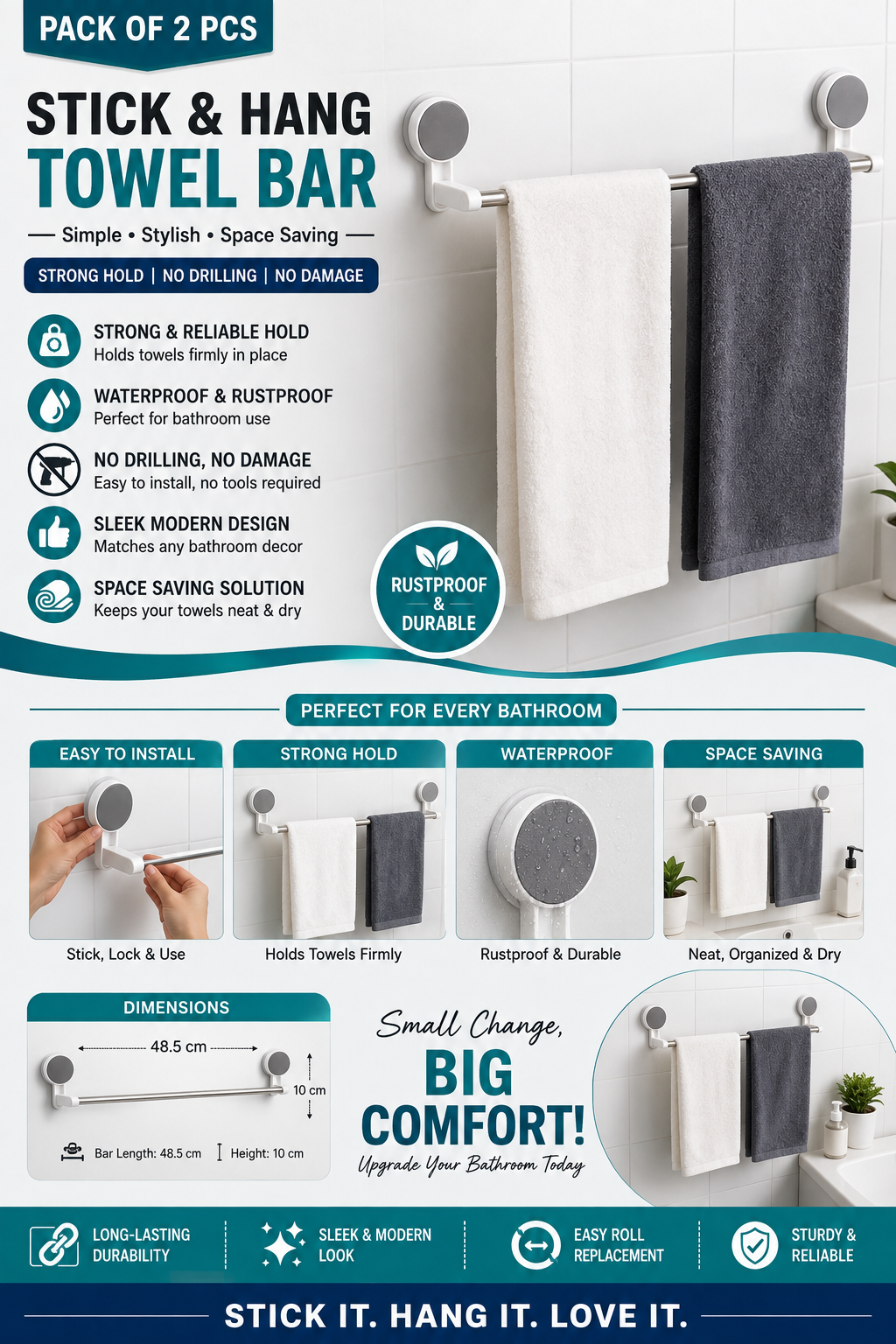 Stick & Hang Towel Bar – No Drilling Bathroom Organizer