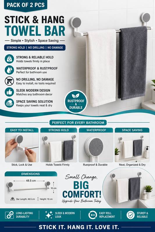 Stick & Hang Towel Bar – No Drilling Bathroom Organizer