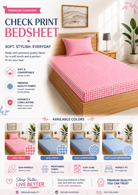Premium Cotton Check Print Bedsheet for Single Bed with 2 Pillow Covers | Soft & Breathable Fabric
