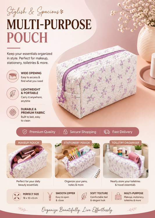 Floral Multi-Purpose Pouch | Makeup, Toiletry & Stationery Organizer | Travel Storage Bag