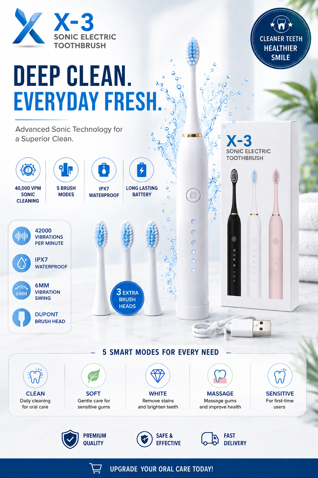 X-3 Sonic Electric Toothbrush | 40,000 VPM | 5 Cleaning Modes | IPX7 Waterproof