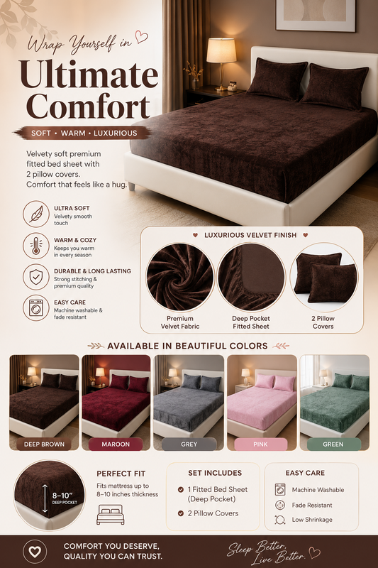 Premium Velvet Fitted Bedsheet Set with 2 Pillow Covers – Queen Size | Soft & Warm