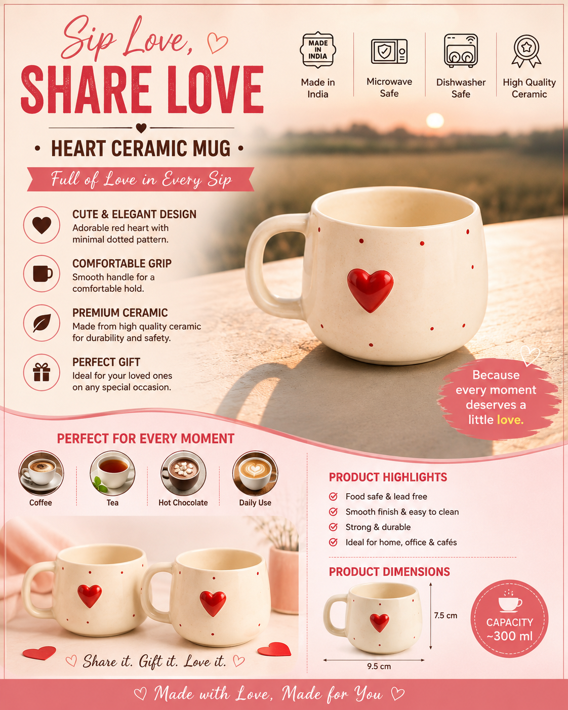 Heart Ceramic Mug – Full of Love in Every Sip ❤️