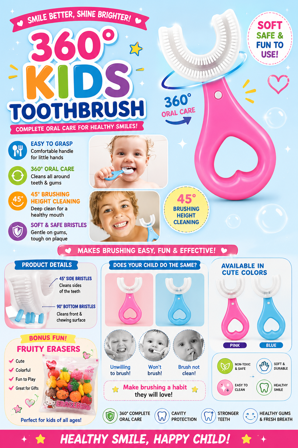 360° Kids U-Shaped Toothbrush – Soft Bristles & Easy Grip