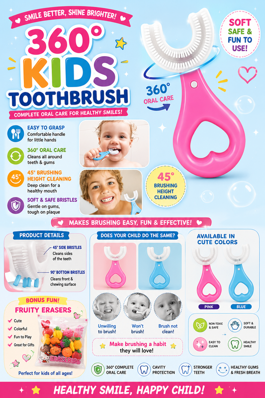 360° Kids U-Shaped Toothbrush – Soft Bristles & Easy Grip