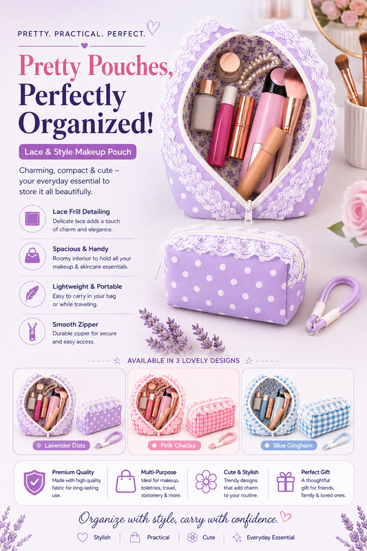 Lace & Style Makeup Pouch | Cute Cosmetic & Travel Organizer | Multi-Purpose Storage Bag