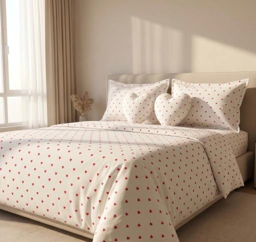 Heart Print Bed Sheet Set with 2 Pillow Covers & 2 Heart Cushions – Soft & Cozy Bedding Set