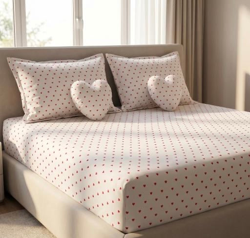 Heart Print Bed Sheet Set with 2 Pillow Covers & 2 Heart Cushions – Soft & Cozy Bedding Set