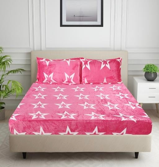 Premium Velvet Fitted Bedsheet with 2 Pillow Covers | Star Print | Double/Queen Size