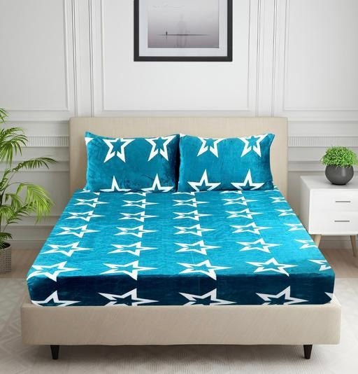 Premium Velvet Fitted Bedsheet with 2 Pillow Covers | Star Print | Double/Queen Size