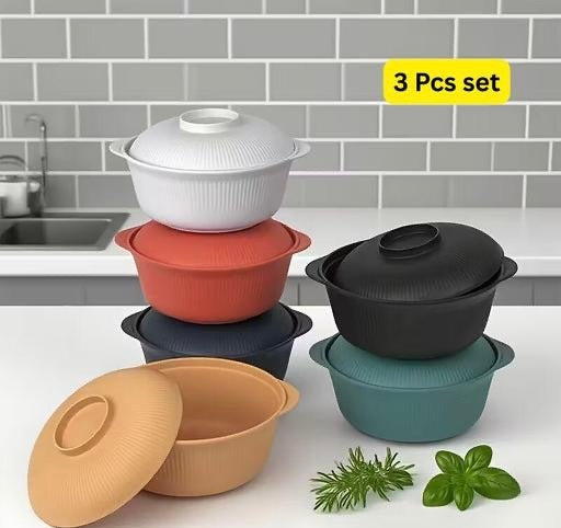 3 Pcs Set Minimalist Hot Pot Bowl with Lid | Food Grade Multi-Purpose Serving & Storage Bowls
